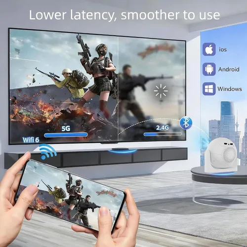 Vista 5 de Mini proyector de enfoque automático con aplicaciones integradas, proyector portátil con WiFi y Bluetooth, proyector de techo Keystone automático