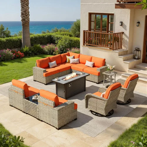 Vista 77 de HOOOWOOO Juego de muebles seccionales de patio con mesa de luz solar, 6 piezas de mimbre para exteriores, sofá en forma de L, juego de conversación