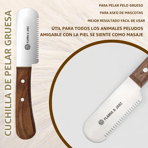 Vista 5 de FLAMIA & JABZ Cuchillo profesional para pelar a mano para el aseo de perros, herramienta para recortar, mango de madera Meranti rojo agarre