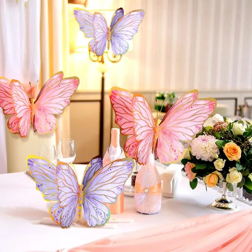 Vista 6 de PerKoop - 10 centros de mesa grandes de mariposa 3D, rosa, morado