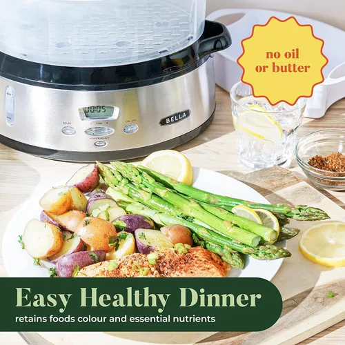 Vista 6 de BELLA - Vaporizador de alimentos digital de tres niveles de 9.5 cuartos de galón, saludable y rápida cocción simultánea, canastas apilables