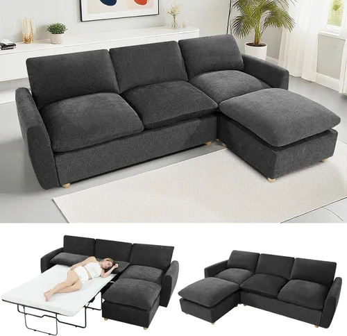Vista 11 de Sofá extraíble en forma de L con cama cama y otomana de almacenamiento, sofá modular de felpilla para sala de estar, sofá modular en forma de L