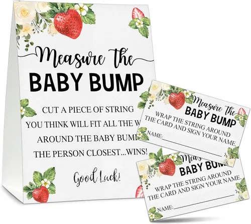 Vista 7 de Measure the Baby Bump - Juego de juego para baby shower, 1 letrero de pie con 50 tarjetas de adivinanzas, suministros de decoración de fiesta
