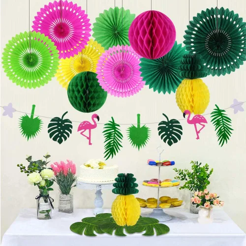 Vista 6 de Decoraciones de fiesta hawaiana, suministros de fiesta de cumpleaños tropical, flamenco y hojas de palma, pancartas de papel de seda, bola de panal