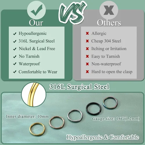 Vista 3 de Jstyle 5 anillos de acero quirúrgico 316L para la nariz, 16G, 18G, 20G, con bisagras, para la nariz, para mujeres y hombres, cartílago, arete