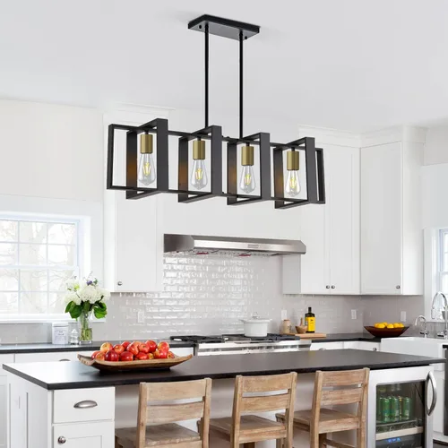 Vista 15 de Lámpara colgante estilo granja, luces colgantes negras para isla de cocina, luz colgante de metal industrial y madera vintage, lámpara de techo