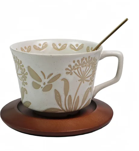 Vista 8 de Taza de café de cerámica vintage Taza de té de café de cerámica gruesa con platillo y cuchara de madera, taza de té y platillo de 12 onzas