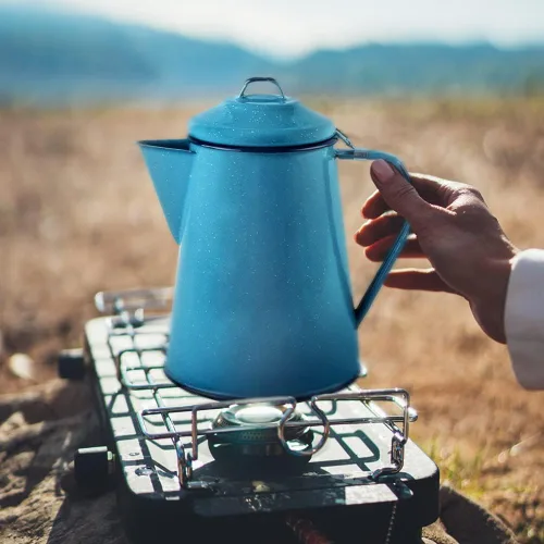 Vista 9 de Cinsa Enamelware - Cafetera (color turquesa) – 8 tazas – Esenciales de camping – Agua caliente para café y té – Ligera y resistente