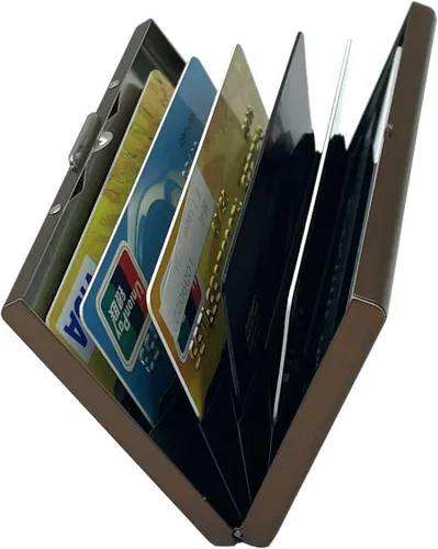 Vista 5 de Dafensoy - Cartera para tarjetas de crédito, unisex, de acero inoxidable blindado, de metal, compacta y portátil (marrón)