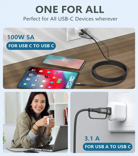 Vista 6 de Cable USB-C a USB-C de 6.6 pies PD 100 W iPhone 17 cargador 2 en 1 USB A/C a USB-C cable trenzado de nailon para iPhone 17 16 15 Pro Max Plus iPad