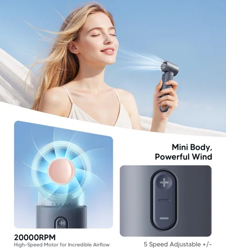 Vista 3 de WSKEN Ventilador de mano portátil, recargable, modo de 5 velocidades, motor sin escobillas de 20000 rpm, [pequeño pero potente], ideal para viajes