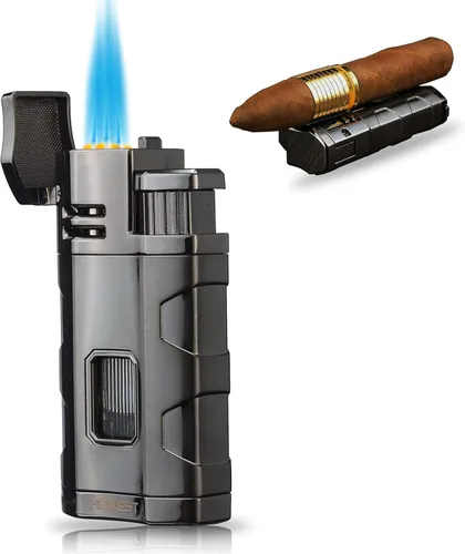 Vista 7 de PROMISE Encendedor de metal Triple Jet Flame recargable de butano resistente al viento, butano no incluido (negro)