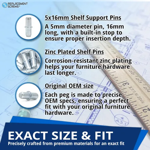 Vista 3 de ReemplazoTornillos de soporte de estante Pines/clavijas compatibles con IKEA 101532 (UTRUSTA, METOD, IVAR), Dúplo chapados en zinc, paquete de 5