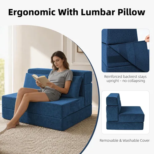Vista 5 de Sofá cama plegable, silla convertible con almohada Chenille azul marino