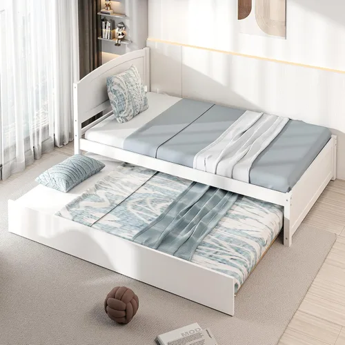 Vista 8 de Cama nido individual, marco de cama extraíble de madera maciza, cama de día extensible con cabecera y soporte de listones de madera sólida Blanco