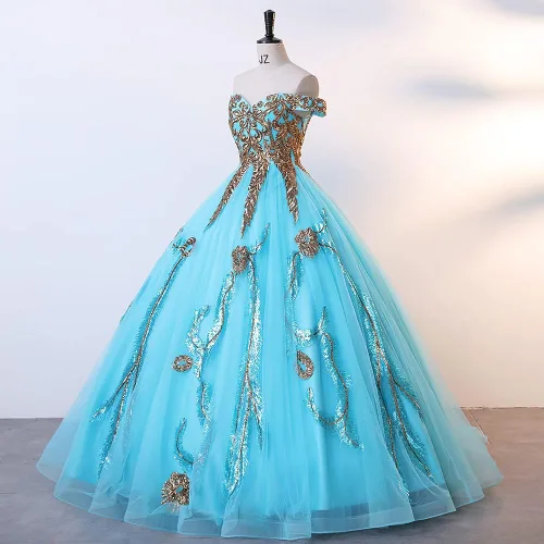 Vista 6 de NGBUY Elegante vestido de baile de tul para mujer, vestido de fiesta con hombros descubiertos, vestido de quinceañera brillante, vestido dulce 16