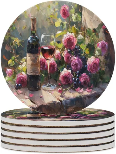 Vista 9 de 4 posavasos de vino tinto, cuadrados y modernos posavasos absorbentes de cerámica, estilo de pintura al óleo, vintage, vino tinto, uvas, rosa