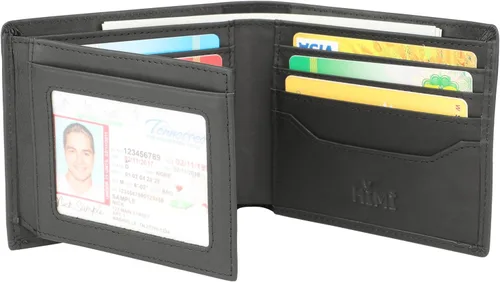 Vista 3 de HIMI Billeteras para hombre – Cartera triple de cuero genuino con bloqueo RFID con 2 ventanas de identificación, Negro #2