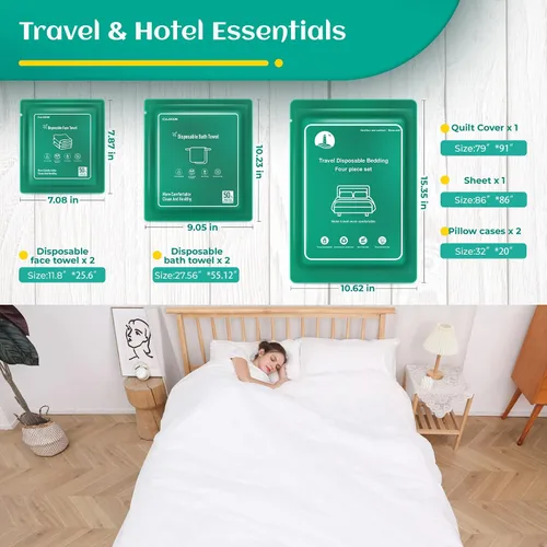 Vista 5 de Sábanas desechables para hotel, artículos esenciales de viaje con 2 toallas de baño desechables, 2 toallas faciales desechables y 4 piezas