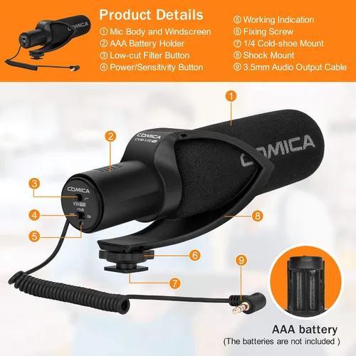 Vista 3 de COMICA CVM-V30PRO Micrófono de escopeta, micrófono de video profesional súper cardioide con soporte de choque, kit de micrófono de cámara