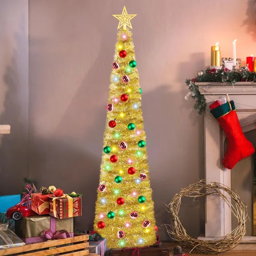 Vista 8 de HISFFOG Árbol de Navidad de Oropel Emergente Preiluminado de 5 Pies con 8 Modos de Ajuste de Luz, 50 Luces de Colores con Control Remoto, Operado