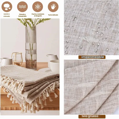 Vista 6 de Funda para mesa auxiliar con bolsillos y borlas, rectangular a rayas Beige
