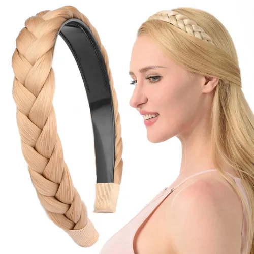 Vista 35 de Ancho de 1.5 cm Banda de pelo sintético trenzada estrecha con dientes para mujeres y niñas (Negro)