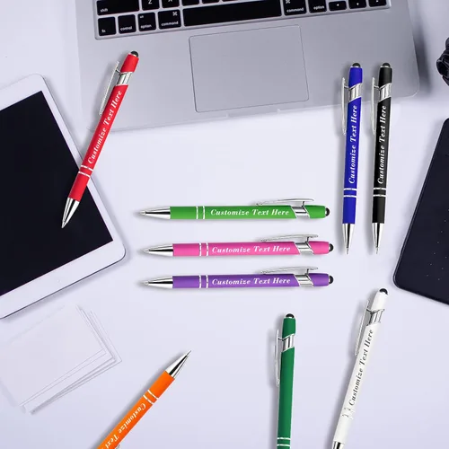 Vista 6 de Bolígrafos personalizados a granel con punta de lápiz capacitivo, 12 bolígrafos personalizados con logotipo de mensaje con nombre, bolígrafos