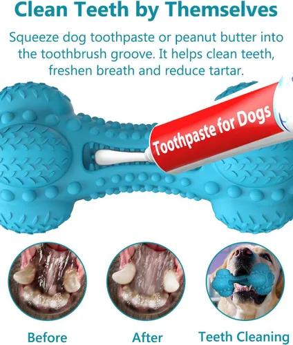 Vista 3 de SCHITEC - Juguete masticable para perros con sonido, hueso de goma natural resistente y duradero con cepillo de dientes, indestructible