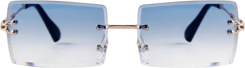 Vista 8 de SORVINO Lentes de sol rectangulares sin montura para mujeres y hombres, a la moda, color rosa transparente, lentes tintados azules sin marco