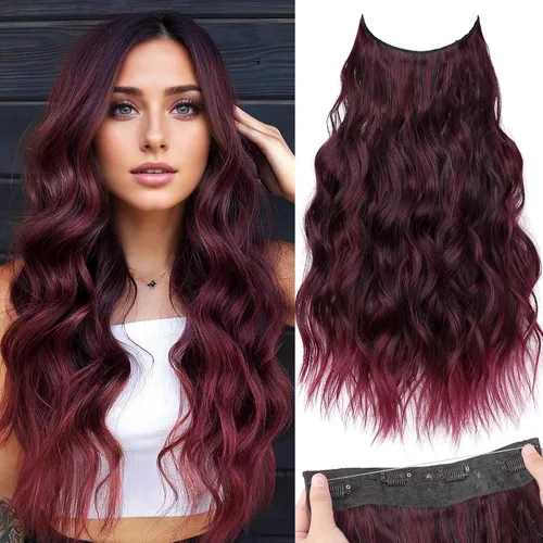 Vista 19 de KooKaStyle - Extensiones de cabello con hilo invisible, diadema transparente, ajustables, 4 clips fijadores, cabello largo y ondulado de 12