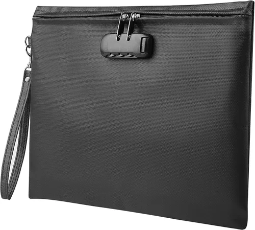 Vista 2 de Bolsa de documentos ignífuga de 2000℉ con bloqueo de contraseña, color negro, 14.3 x 10.2 pulgadas, bolsa de dinero ignífuga para efectivo