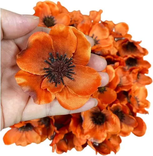 Vista 3 de Rikyo 100 cabezas de flores artificiales de anémona de amapola de seda para otoño, rellenos de jarrón, ramilletes para decoración de bodas, pared