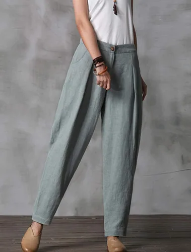 Vista 6 de Minibee - Pantalones informales de lino para mujer con cintura elástica y bolsillos