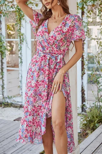 Vista 4 de PRETTYGARDEN - Vestido floral para mujer estilo bohemio, cruzado, con cuello en V, manga corta, con cinturón, dobladillo con volantes, acampanado