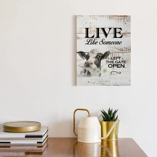 Vista 3 de Lienzo decorativo para pared con diseño de granja campestre, diseño de vaca divertida Live Like Someone Left The Gate Open Retro Style Impresiones