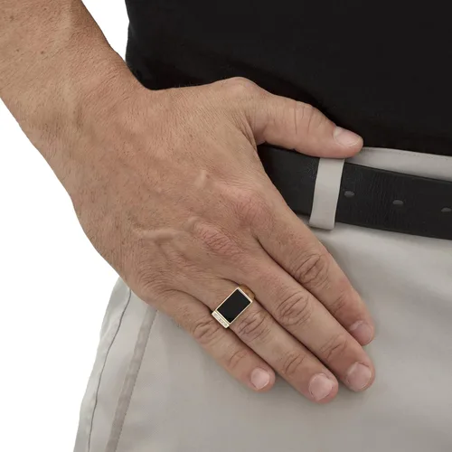 Vista 3 de PalmBeach Men's Yellow Gold-plated Sterling Silver Emerald Cut Natural Black Onyx and Diamond Accent Ring Sizes 8-13