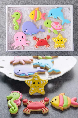 Vista 4 de Juego de 16 cortadores de galletas oceánicas con plantillas de galletas a juego