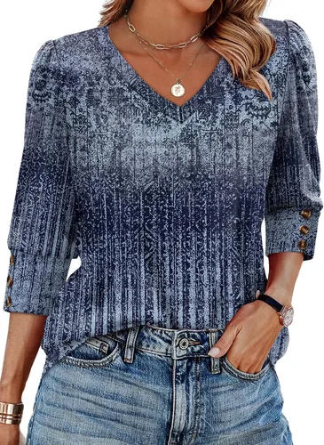 Vista 23 de XIEERDUO - Blusas de manga 3/4 para mujer, cuello en V, con botones, estilo A-blanco