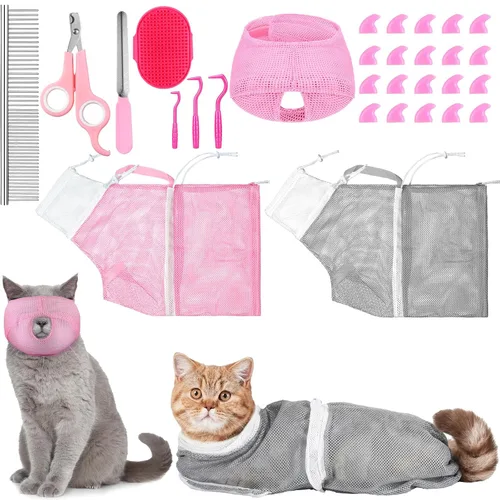 Vista 9 de Bolsa de baño para gatos, 10 piezas, kit de aseo para ducha de gato, verde y rosa
