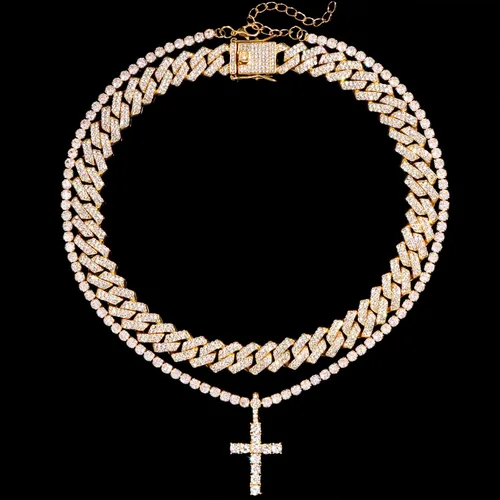 Vista 5 de Cadena de eslabones cubanos para hombres y mujeres, collar de cruz para hombres y mujeres, cadena helada, cadena de eslabones cubanos de Miami