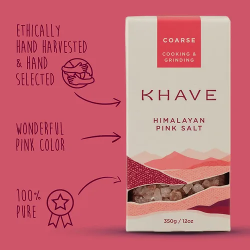 Vista 6 de KHĀVE - Sal del Himalaya rosa pura natural – Sal de grano grueso de 12 onzas de grado más alto para cocinar, condimentar, frotar en seco para fumar