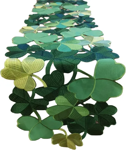 Vista 6 de Camino de mesa de trébol irlandés del día de San Patricio, recortes bordados para comedor familiar, fiesta de primavera, decoración de mesa