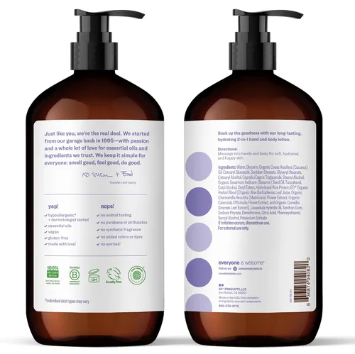 Vista 2 de Everyone - Loción 2 en 1 para manos/cuerpo, 32 onzas (paquete de 2) lavanda y aloe hecha con aceites esenciales para hombres y mujeres