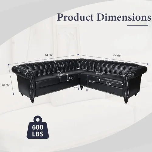 Vista 2 de ORRD Sofá seccional pequeño en forma de L, sofá Chesterfield de cuero copetudo con brazos de desplazamiento y cabeza de clavo para sala de estar