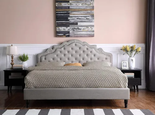 Vista 7 de Base de cama de plataforma tapizada King con cabecera de 51 pulgadas de alto, cama de tela con botones - Soporte de listones de madera con espacio