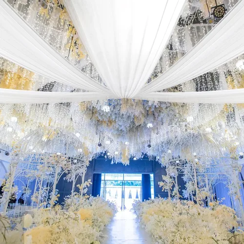 Vista 10 de Cortinas de techo de gasa, 6 paneles de 5 x 15 pies, cortinas de techo beige para boda, tela transparente, cortinas decorativas para eventos