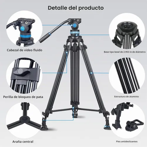 Vista 2 de SIRUI AM-25S Trípode de Video, 74.8" Trípode Profesional de Servicio Pesado con Cabezal Fluido de Amortiguación Ajustable para Videocámara, Cámaras
