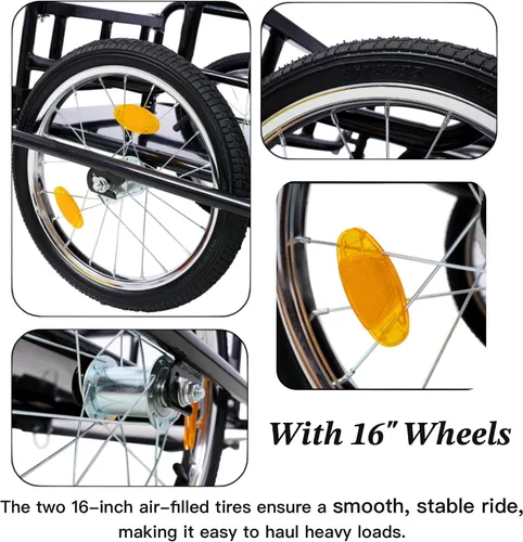 Vista 7 de Remolque de carga plegable para bicicleta con enganche universal, capacidad de 110 libras, remolque de bicicleta con ruedas y reflectores de 16