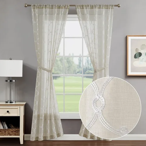 Vista 18 de Creative Home Ideas Cortinas transparentes (2 paneles, 38 x 63 pulgadas, azul), paneles de cortina geométricos bordados con alzapaños, cortinas